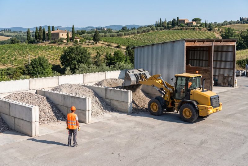 Pala gommata e aggregati riciclati nei box della piattaforma inerti
