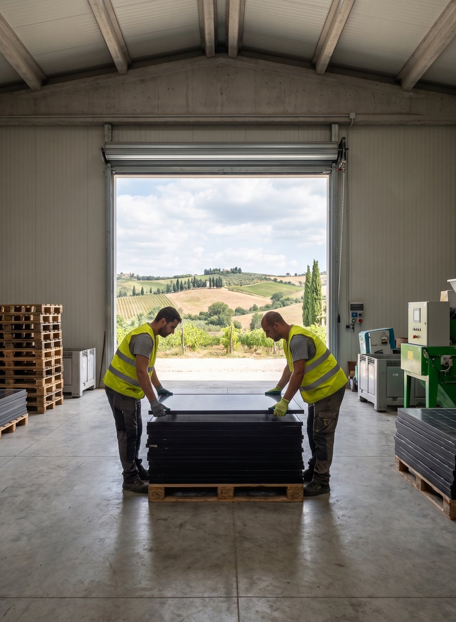 Operatori che sistemano moduli fotovoltaici dismessi su un bancale