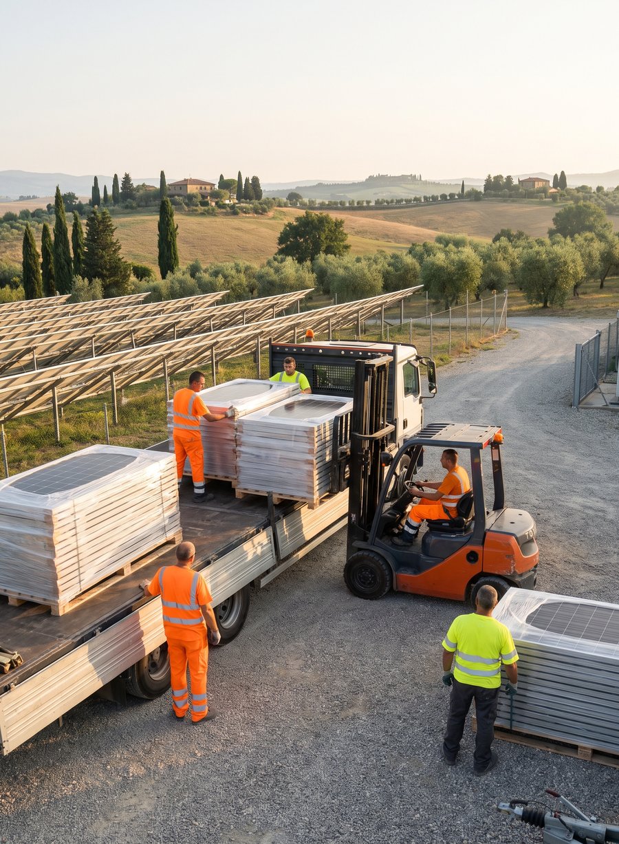 Carico dei moduli fotovoltaici smontati per il trasporto all'impianto